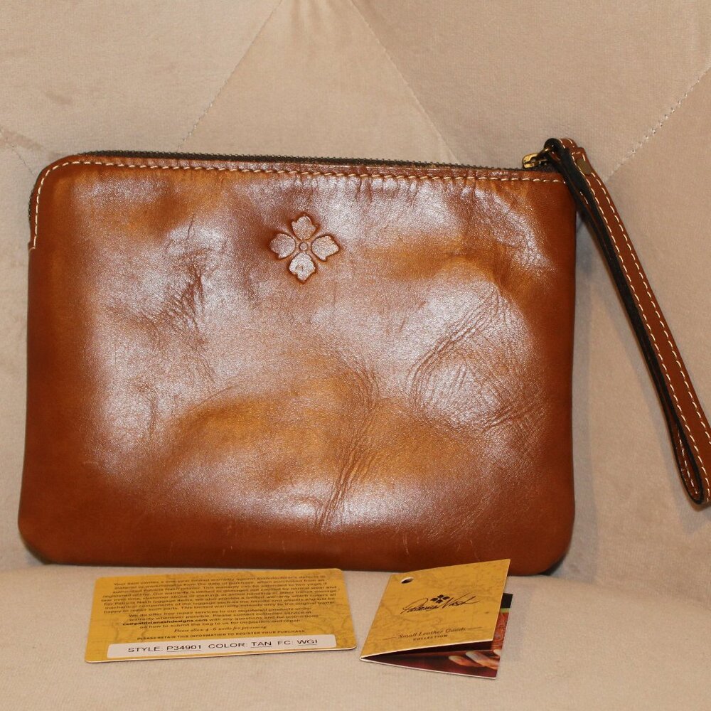 Patricia Nash Cassini Wristlet leather in Saddle Tan Suede interior with tags
